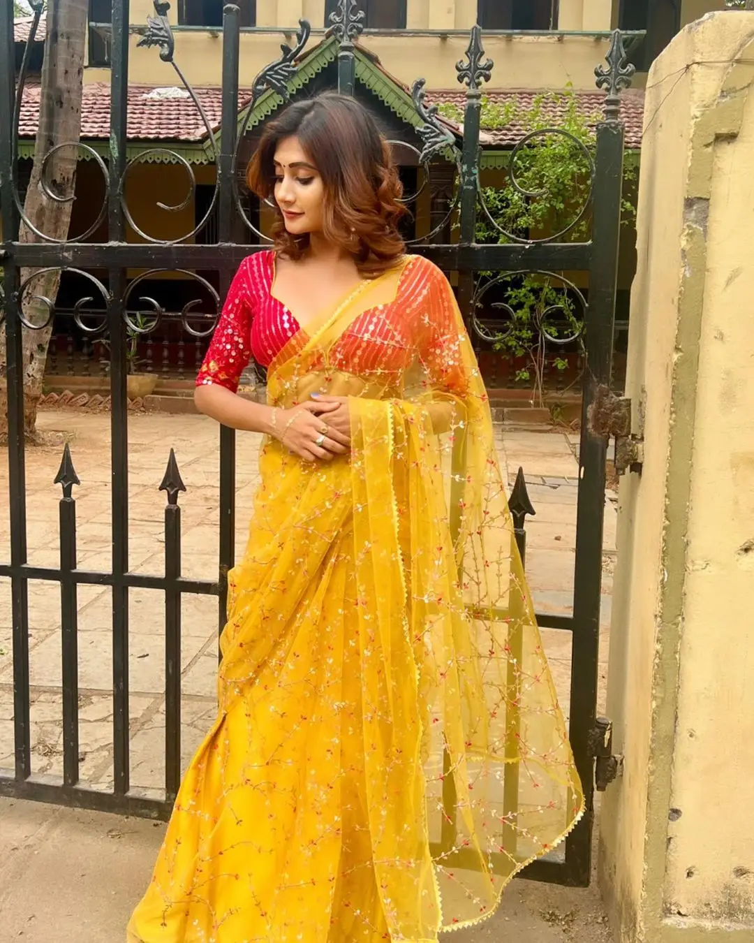 Vasanthi Krishnan Wearing Traditional Yellow Saree Red Blouse